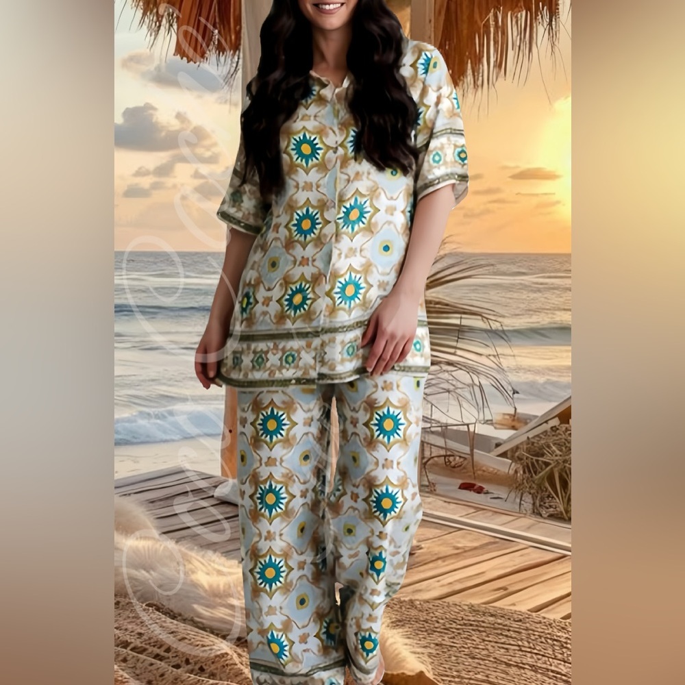 Bohemian Colorful Geometric Loose Fit Blouse & Matching Pants Trousers Jumpsuit
